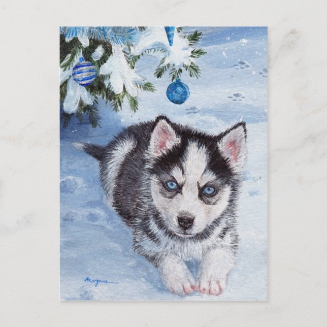 Postal Festiva Navidades azules descascarillar cachorro perro cac (Anverso)