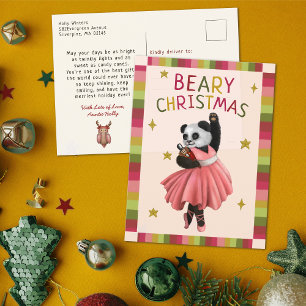 Postal Festiva Navidades Beary Cute Pink Ballet bailando Panda