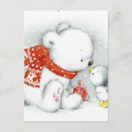 Postal Festiva Navidades Bebé Oso Polar Besando Ave