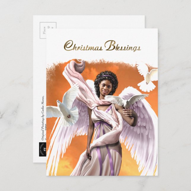Postal Festiva Navidades bendiciendo al ángel afroamericano (Anverso / Reverso)