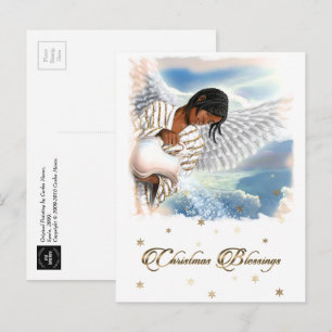 Postal Festiva Navidades bendiciendo al ángel afroamericano