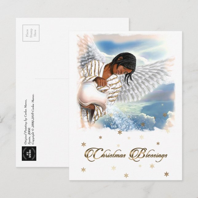 Postal Festiva Navidades bendiciendo al ángel afroamericano (Anverso / Reverso)