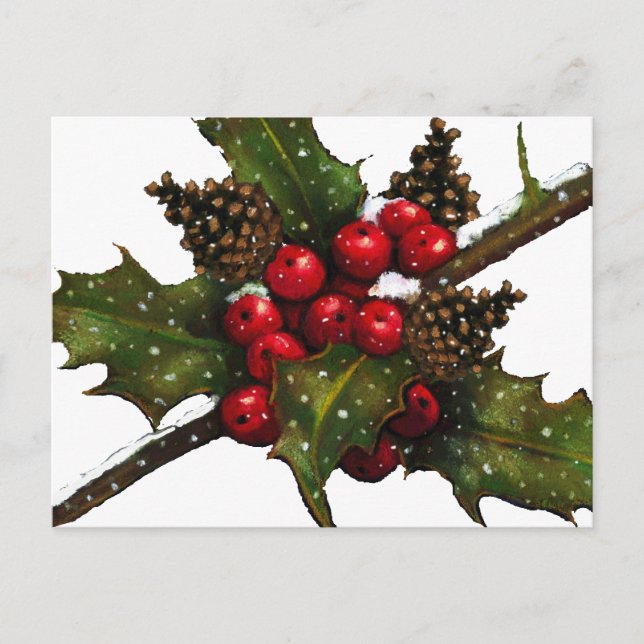 Postal Festiva Navidades: Berries, Holly, Cones de pino: Arte (Anverso)