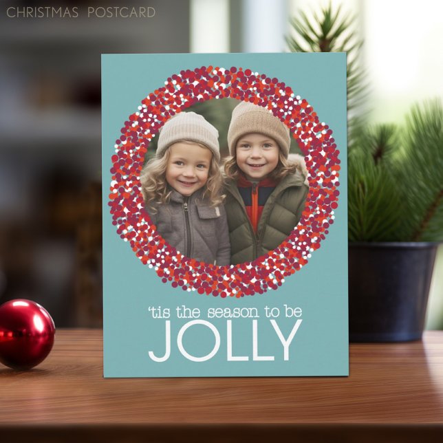 Postal Festiva Navidades Berry Wreath - 1 foto azul rojo (Christmas Postcard with Whimsical Berries and 1 photo)