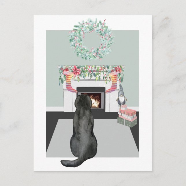 Postal Festiva Navidades Black Labrador Dog Fireplace Scene (Anverso)