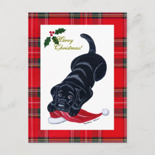 Postal Festiva Navidades Black Labrador Puppy y Santa Hat