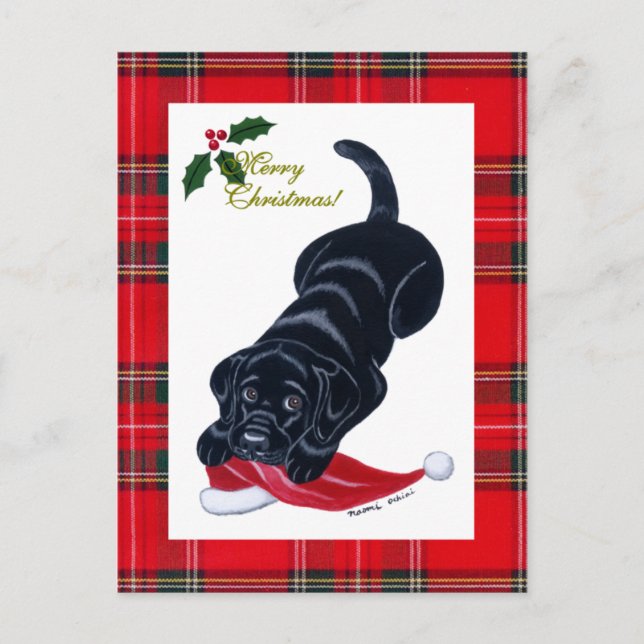 Postal Festiva Navidades Black Labrador Puppy y Santa Hat (Anverso)