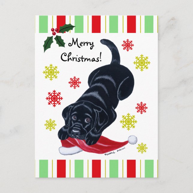 Postal Festiva Navidades Black Labrador Puppy y Santa Hat (Anverso)