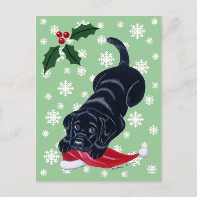 Postal Festiva Navidades Black Labrador Puppy y Santa Hat (Anverso)