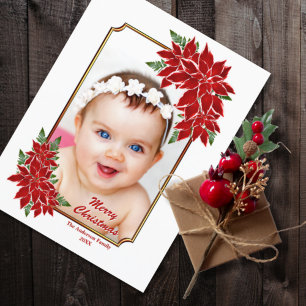 Postal Festiva Navidades blancos de la poinsettia roja fotográfic