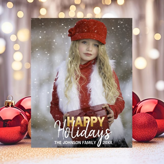 Postal Festiva Navidades blancos de oro Felices Fiestas | FOTO (Gold White Christmas Happy Holidays Family | PHOTO Holiday Postcard)