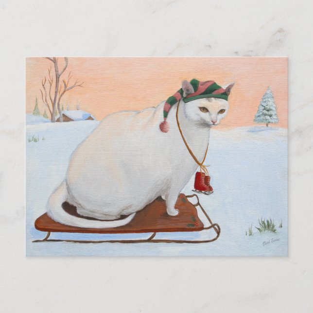 Postal Festiva Navidades blancos festejan gato en nieve (Anverso)