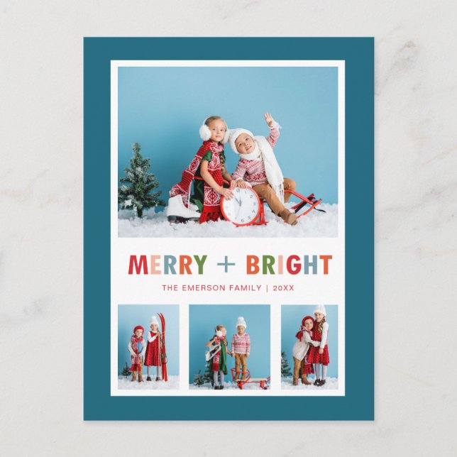 Postal Festiva Navidades Blue Merry y Bright Collage de fotos (Anverso)