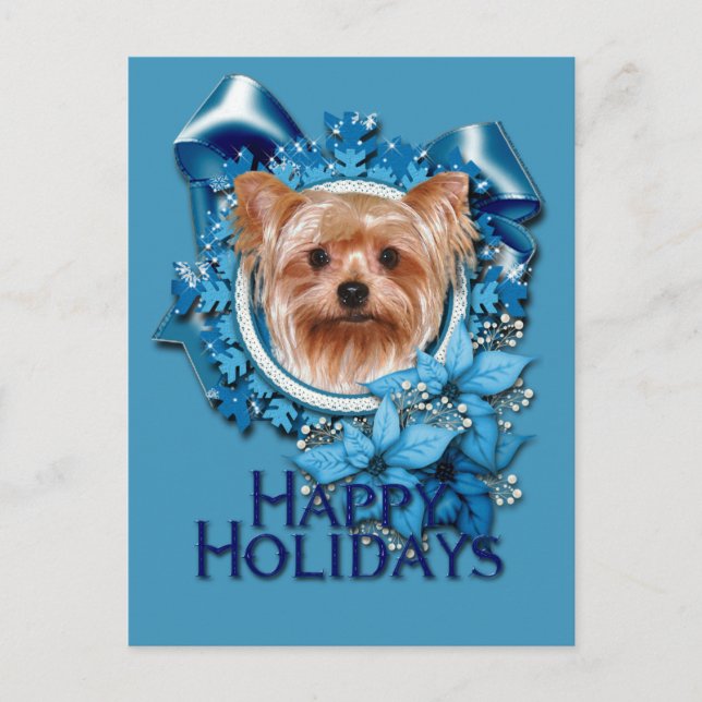 Postal Festiva Navidades - Blue Snowflakes - Yorkshire Terrier (Anverso)
