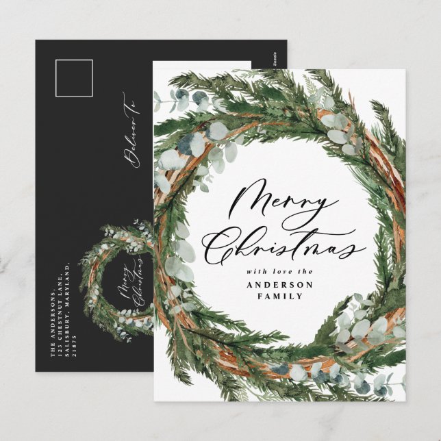 Postal Festiva Navidades botánicos de acuarela mínima moderna (Anverso / Reverso)