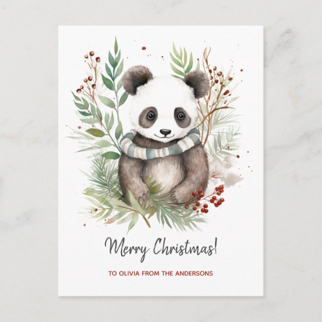 Postal Festiva Navidades botánicos de Cute Panda Baby Rustic (Anverso)