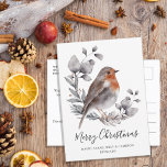 Postal Festiva Navidades botánicos Robin Winter Watercolor<br><div class="desc">Ahorra dinero enviando postales de Navidades de color acuático de bonito. Escena invernal de hojas grises y azules, eucalipto y pino también incluye un petirrojo. Personalizado Mensaje de Feliz Navidad encontrado en el frente. En la parte posterior de esta postal de vacaciones hay más texto que puedes personalizar con un...</div>
