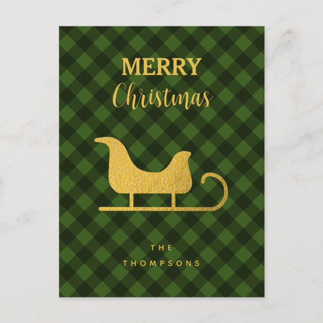 Postal Festiva Navidades Búfalo Negro Verde Plaid Santa Sleigh (Anverso)