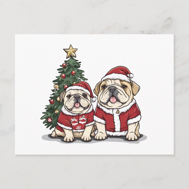 Postal Festiva Navidades Bulldog inglés Santa Hats (Anverso)