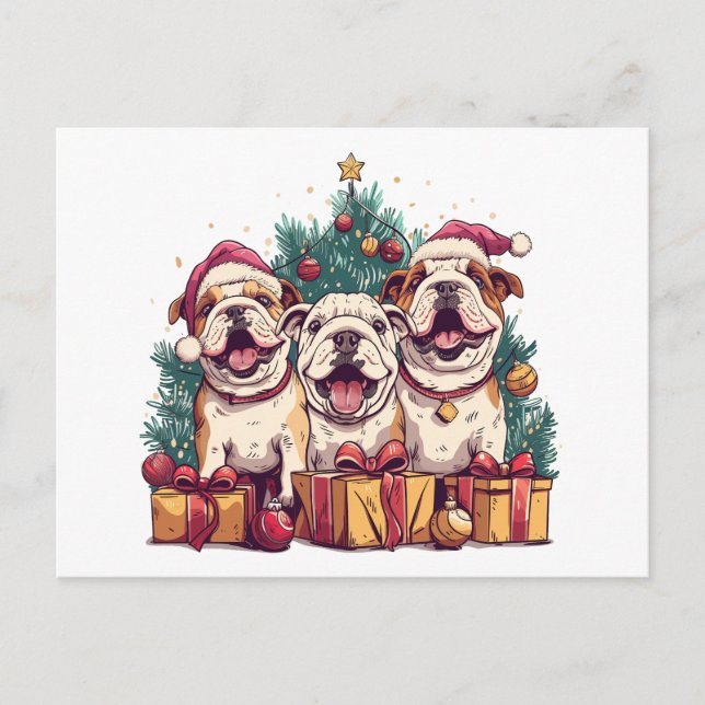 Postal Festiva Navidades Bulldog inglés Santa Hats (Anverso)