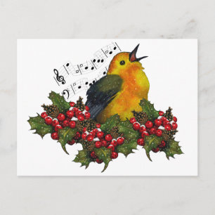 Postal Festiva Navidades Cantan Aves Con Hollly, Berries