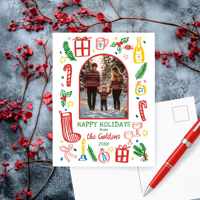 Postal Festiva Navidades caprichosos adoran foto del arco Persona (Whimsical Doodle Christmas Cute Custom Arch PHOTO Holiday Postcard
)