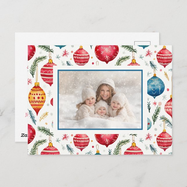 Postal Festiva Navidades caprichosos, foto de ornamentos de época (Anverso / Reverso)