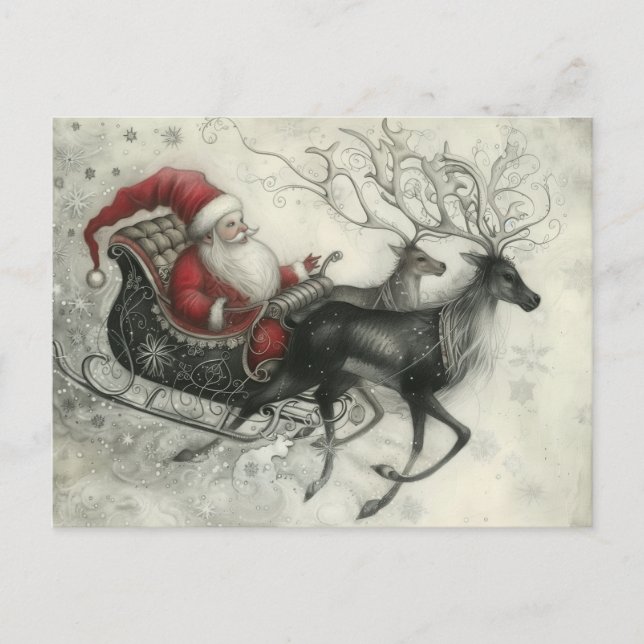 Postal Festiva Navidades caprichosos Santa Claus y sus renos (Anverso)