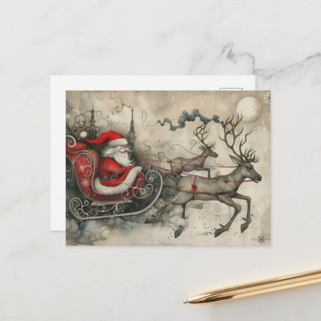 Postal Festiva Navidades caprichosos Santa Claus y sus renos (Anverso/Reverso In Situ)