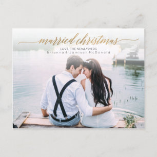 Postal Festiva Navidades casados Foto recién casada   Guión dorad