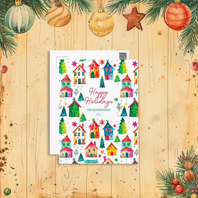 Postal Festiva Navidades Casas Felices Fiestas (Cute Christmas Houses ("Happy Holidays") postcard)