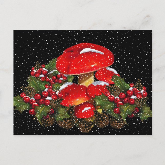 Postal Festiva Navidades champiñón, taburetes, nieve, Holly (Anverso)