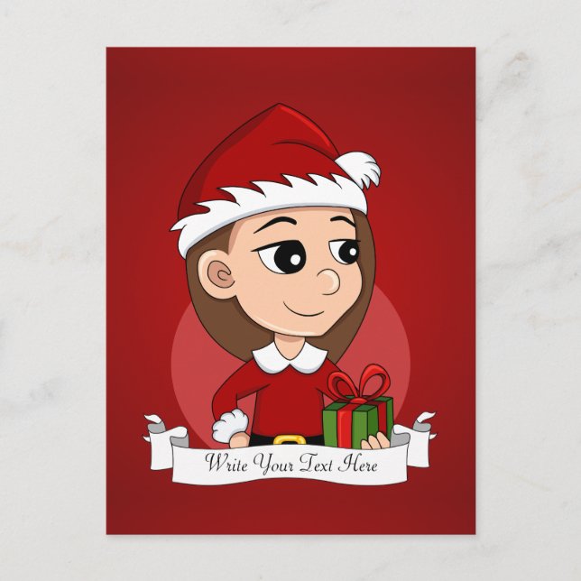 Postal Festiva Navidades chica con pelo castaño largo (Anverso)