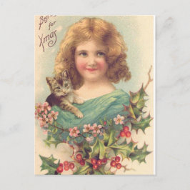 Postal Festiva Navidades Chica Vintage Con Gato