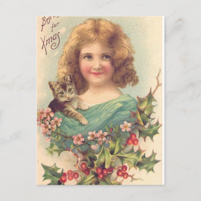 Postal Festiva Navidades Chica Vintage Con Gato (Anverso)