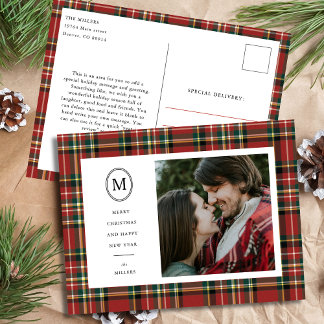 Postal Festiva Navidades clásicos de plástico rojo Nombre Monogra