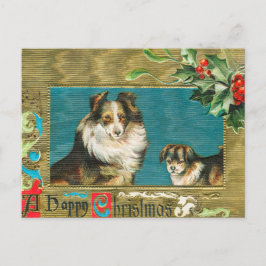 Postal Festiva Navidades Collie Dogs Gold Happy de la época de 19