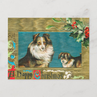 Postal Festiva Navidades Collie Dogs Gold Happy de la época de 19