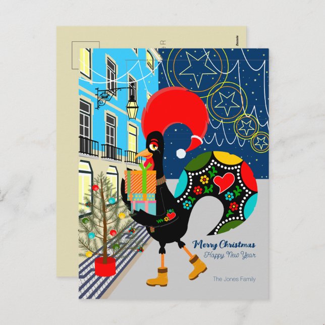 Postal Festiva Navidades comprando con el Rooster Portugués (Anverso / Reverso)