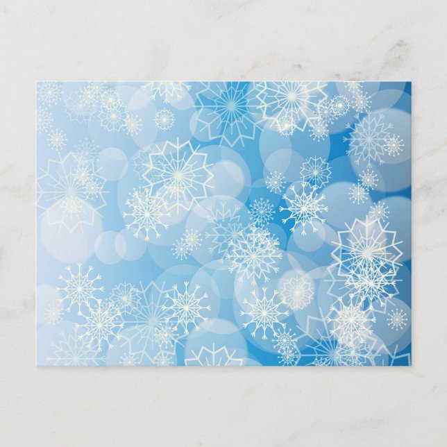 Postal Festiva Navidades con copos de nieve en un fondo azul (Anverso)