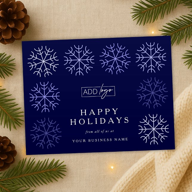 Postal Festiva Navidades con logo de la compañía Snowflakes Navy  (elegant navy and white winter design corporate holiday postcard with your custom company logo)