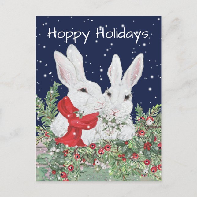 Postal Festiva Navidades Conejos Conejo Snowy Holly Berry Holiday (Anverso)
