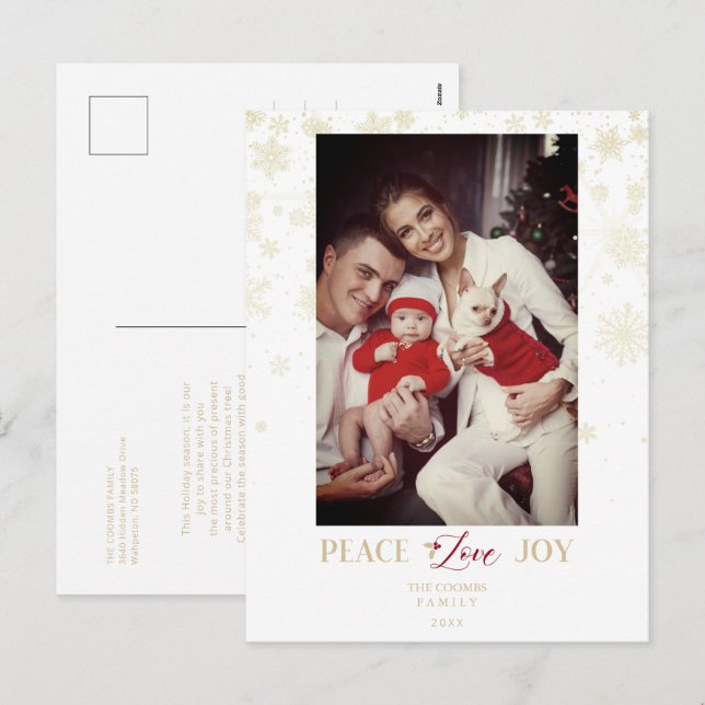 Postal Festiva Navidades Copos de nieve dorados y foto de Persona (Anverso / Reverso)