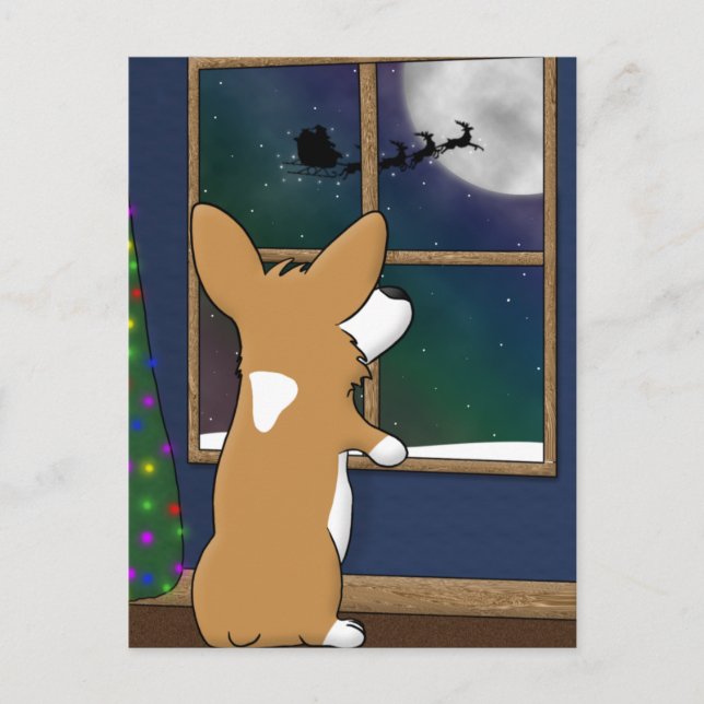 Postal Festiva Navidades Corgi en la ventana (Anverso)