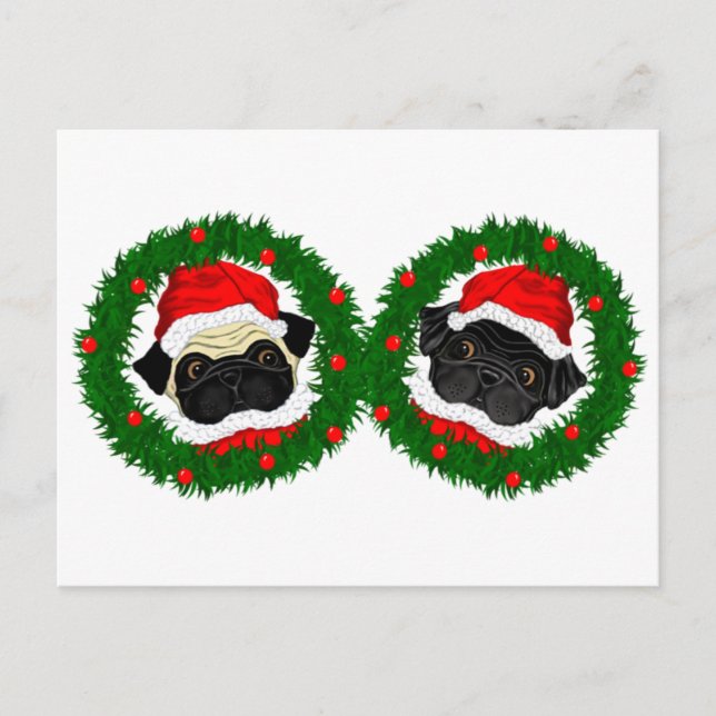 Postal Festiva Navidades cortan Pug Negro y Fawn Pug Santa (Anverso)
