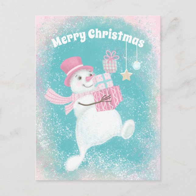 Postal Festiva Navidades cortos Snowman rosa y menta (Anverso)