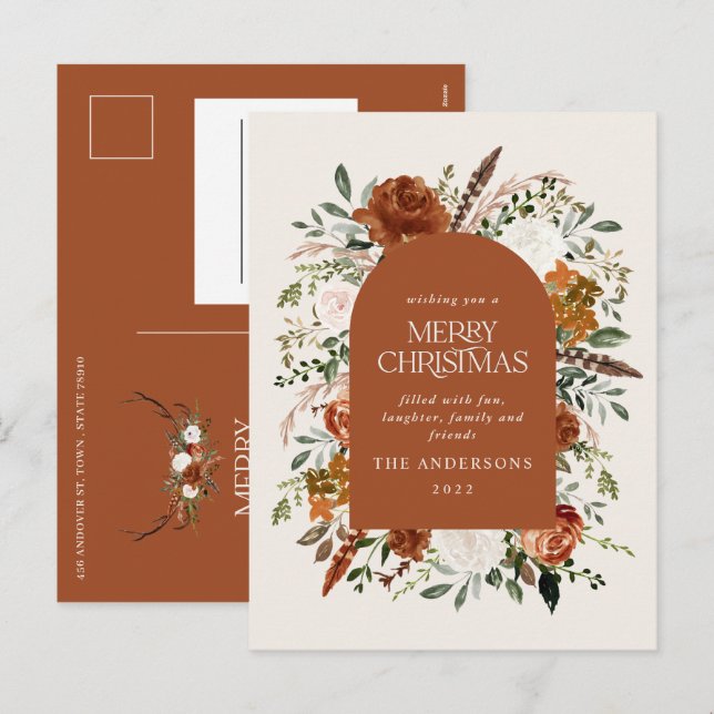 Postal Festiva Navidades crema Relieve metalizado botánico elegan (Anverso / Reverso)