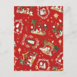 Postal Festiva Navidades cristianos acuarela natividad roja