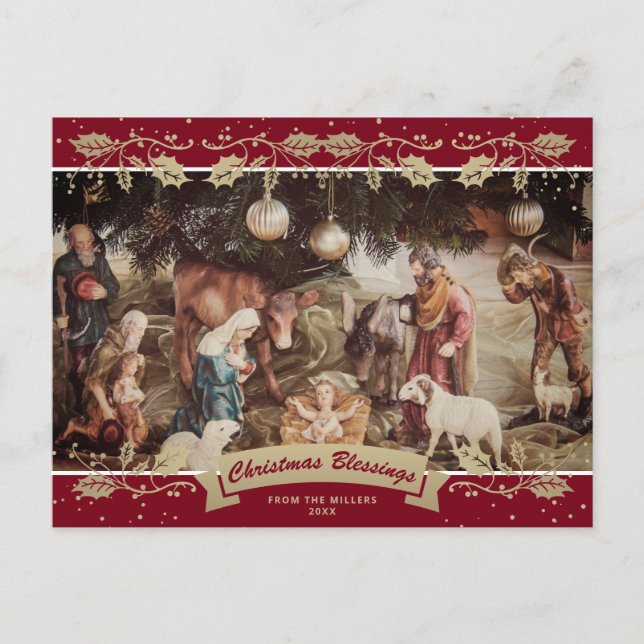 Postal Festiva Navidades cristianos en escena de la Natividad Roj (Anverso)