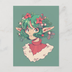 Postal Festiva Navidades Cuadros Chica de Poinsettia Elf Anime